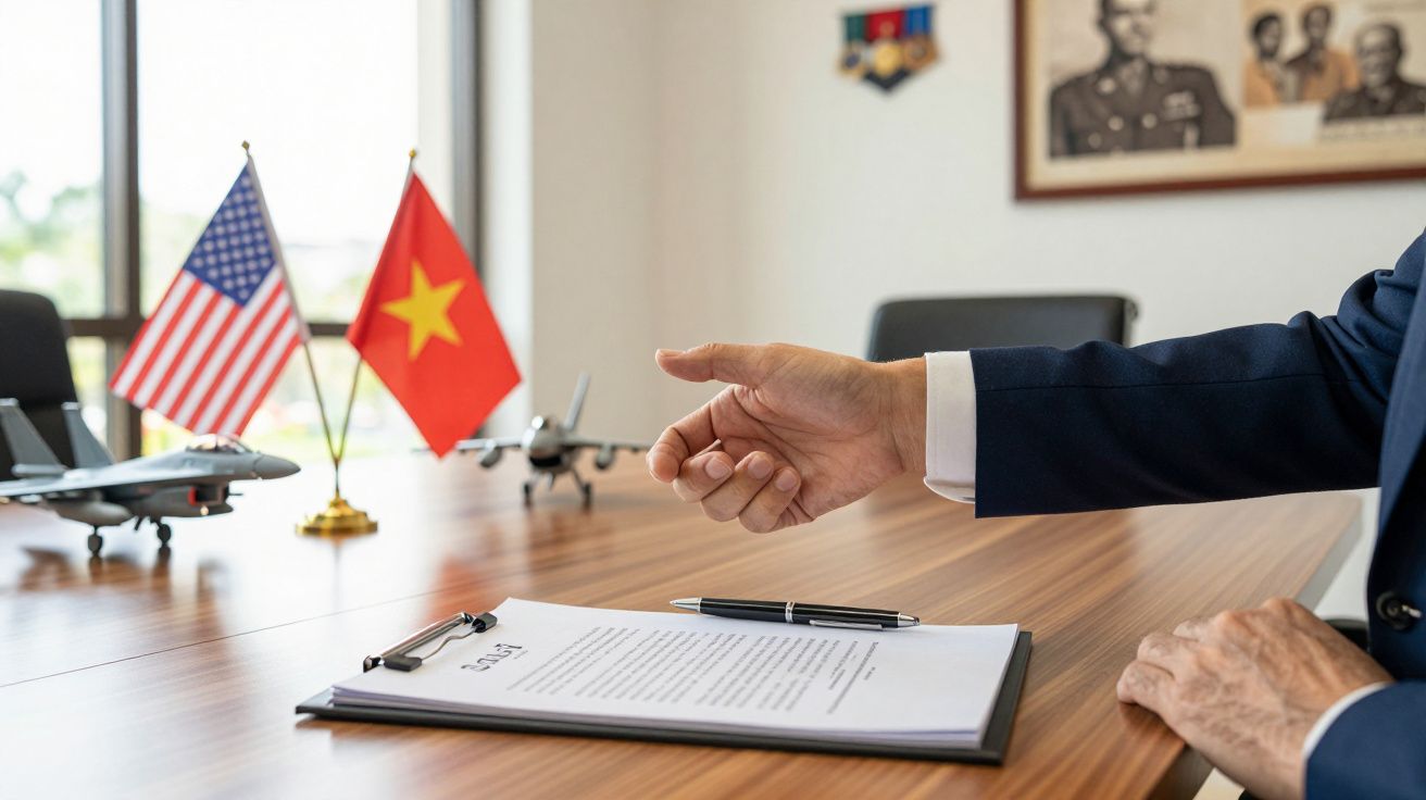 Sala konferencyjna z flagami USA i Wietnamu, dokumenty na stole, makiety samolotów, ręka wskazuje na umowę.