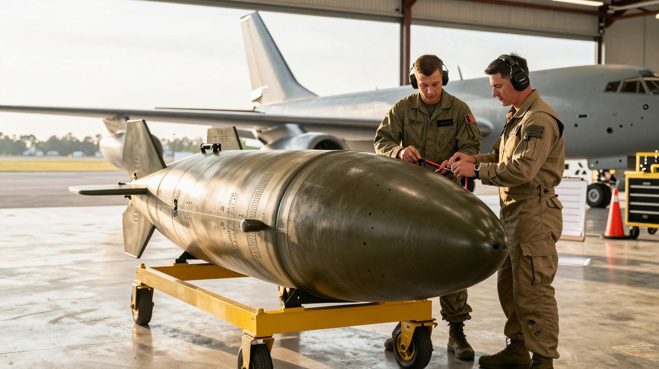 Dwóch mężczyzn w kombinezonach obsługuje duży ładunek na wózku w hangarze lotniczym. W tle samolot.