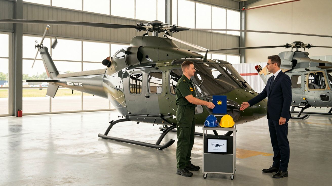 Mężczyzna w garniturze podaje dłoń żołnierzowi w hangarze z wojskowym śmigłowcem w tle.