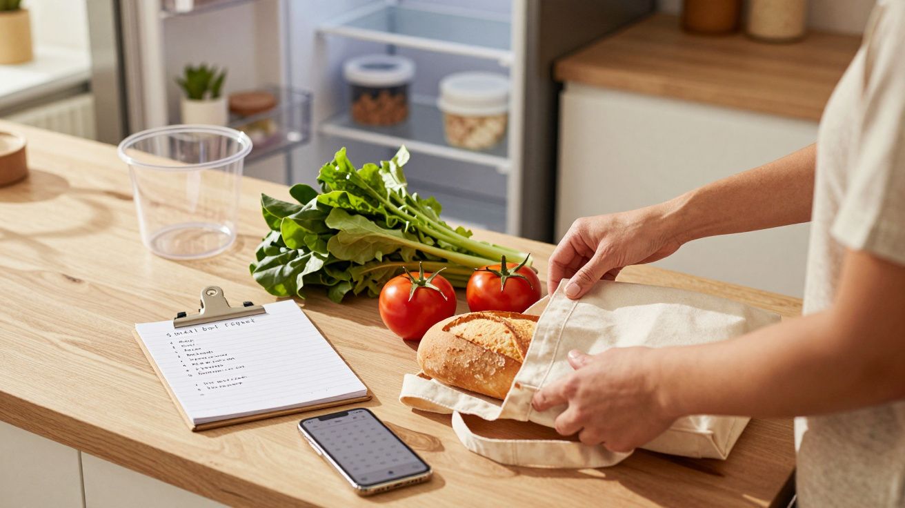 Osoba wkładająca bagietkę do torby na blacie z warzywami, listą zakupów i telefonem, otwarta lodówka w tle.