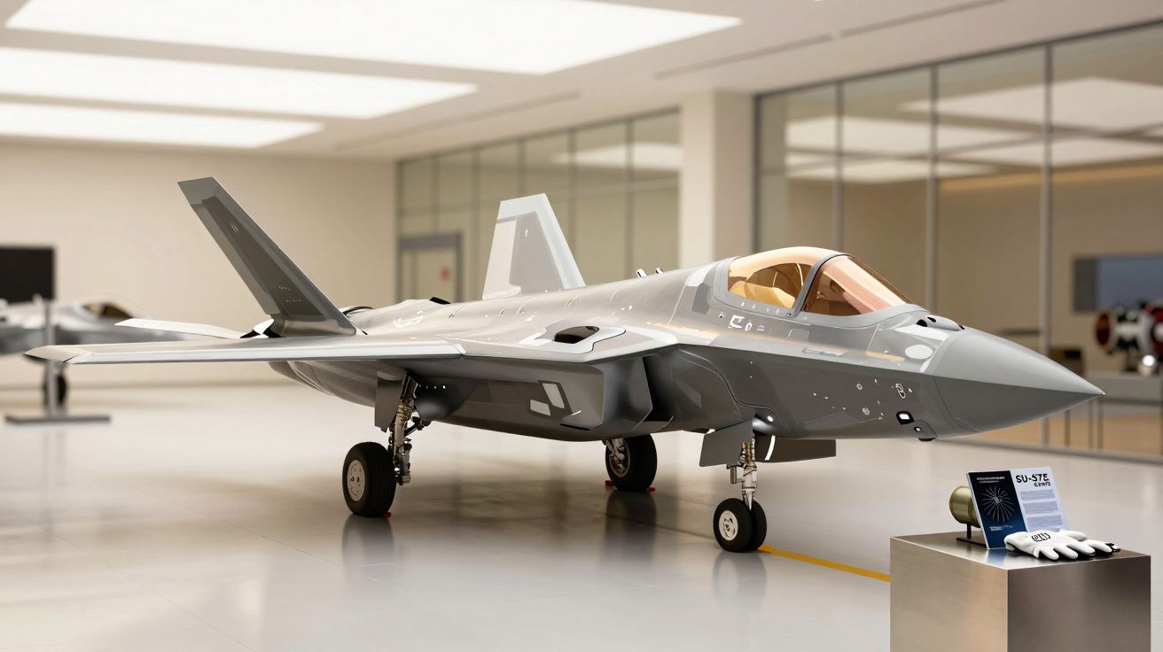 Samolot myśliwski w nowoczesnym hangarze z częściowo przezroczystą kabiną pilota.