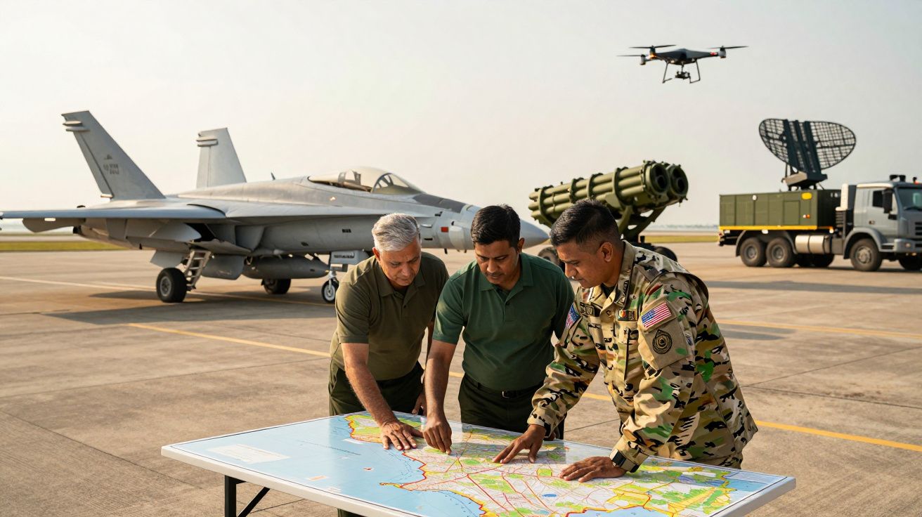 Trzech mężczyzn patrzy na mapę na lotnisku, w tle myśliwiec, dron, wyrzutnia rakiet i radar.