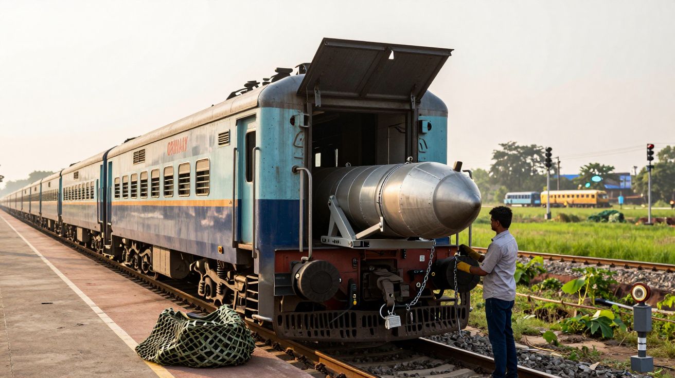 Osoba stojąca obok wagonu kolejowego z zamontowanym zbiornikiem paliwa na końcu.
