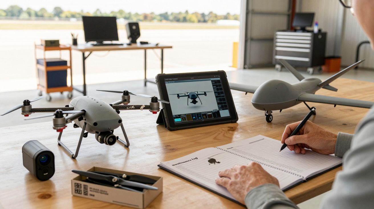 Osoba notująca w zeszycie przy stole z dronami i tabletem w hangarze lotniczym.