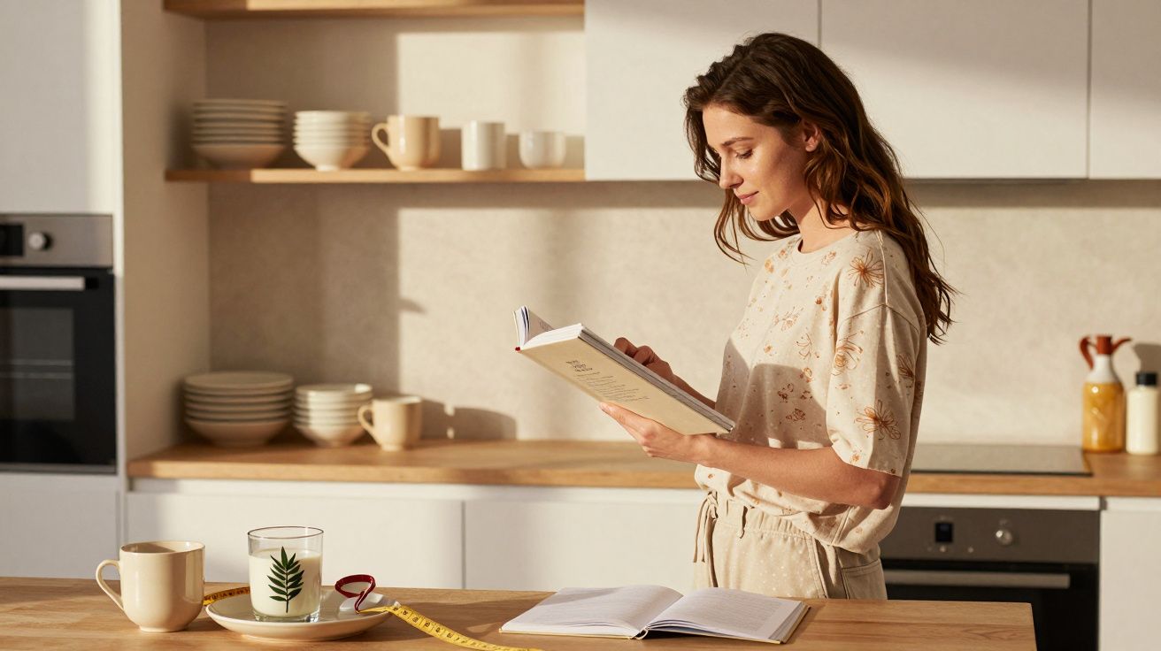 Kobieta czytająca książkę w nowoczesnej kuchni, obok notes, kubki i miarka na blacie.