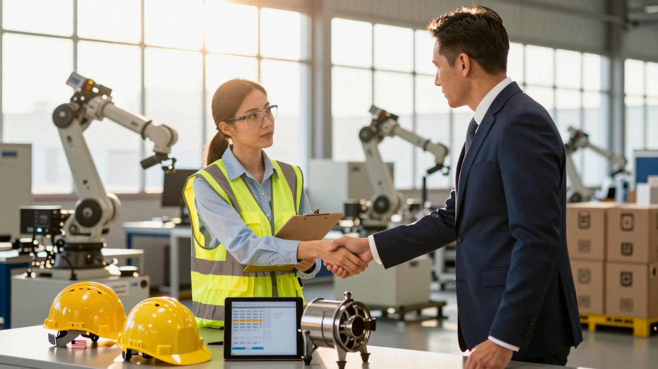 Kobieta w kamizelce odblaskowej i mężczyzna w garniturze podają sobie ręce w fabryce z robotami przemysłowymi.