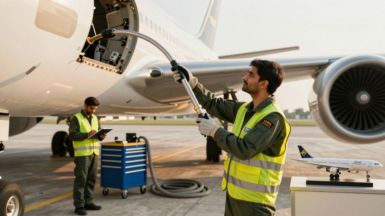 Dwóch techników serwisuje samolot na płycie lotniska. Jeden obsługuje wąż, drugi sprawdza listę kontrolną.