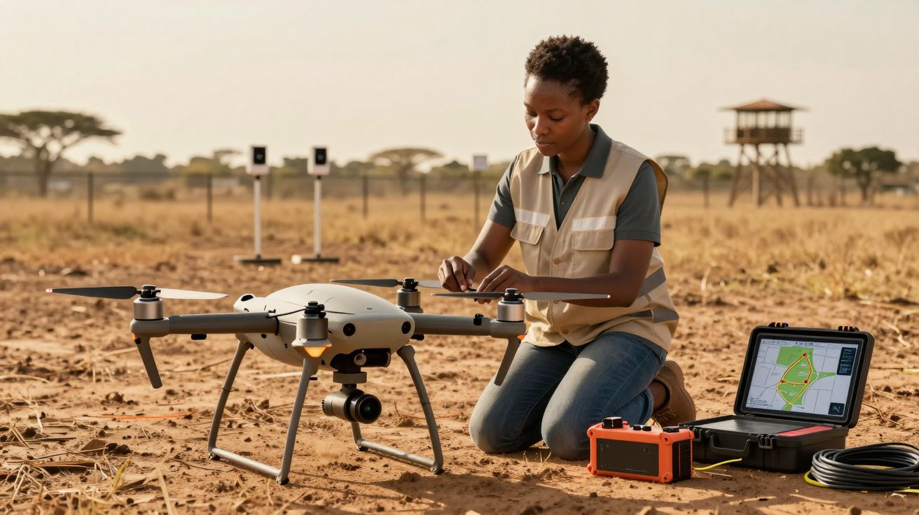 Kobieta w kamizelce technicznej obsługuje drona na pustynnym terenie, obok laptop z mapą i sprzętem.