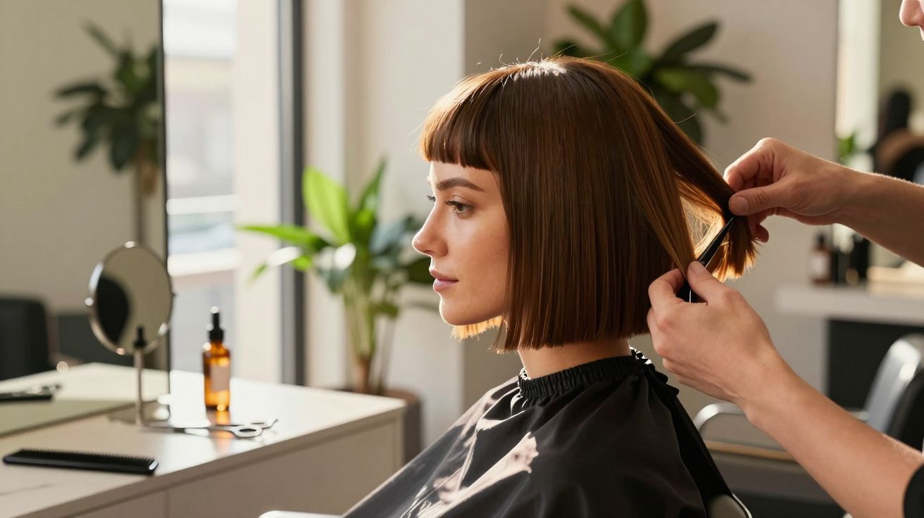 Fryzjer przycina włosy kobiety z prostym bobem w salonie fryzjerskim.