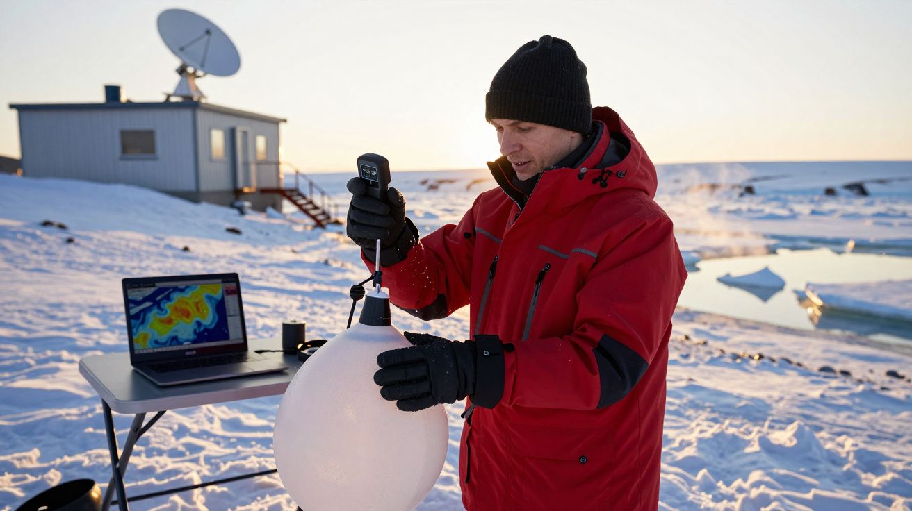 Mężczyzna w czerwonej kurtce mierzy ciśnienie gazu w balonie na śnieżnym tle stacji badawczej.
