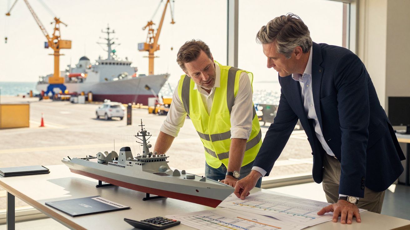 Dwóch mężczyzn omawia projekt statku przy modelu na biurku w biurze z widokiem na port i statki.