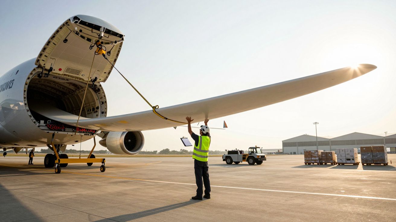Osoba w kamizelce odblaskowej obsługująca otwarty luk ładunkowy samolotu na płycie lotniska.