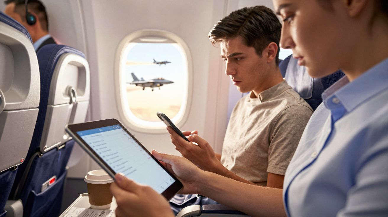 Dwoje pasażerów w samolocie, używających urządzeń mobilnych. Za oknem widok na samoloty wojskowe.