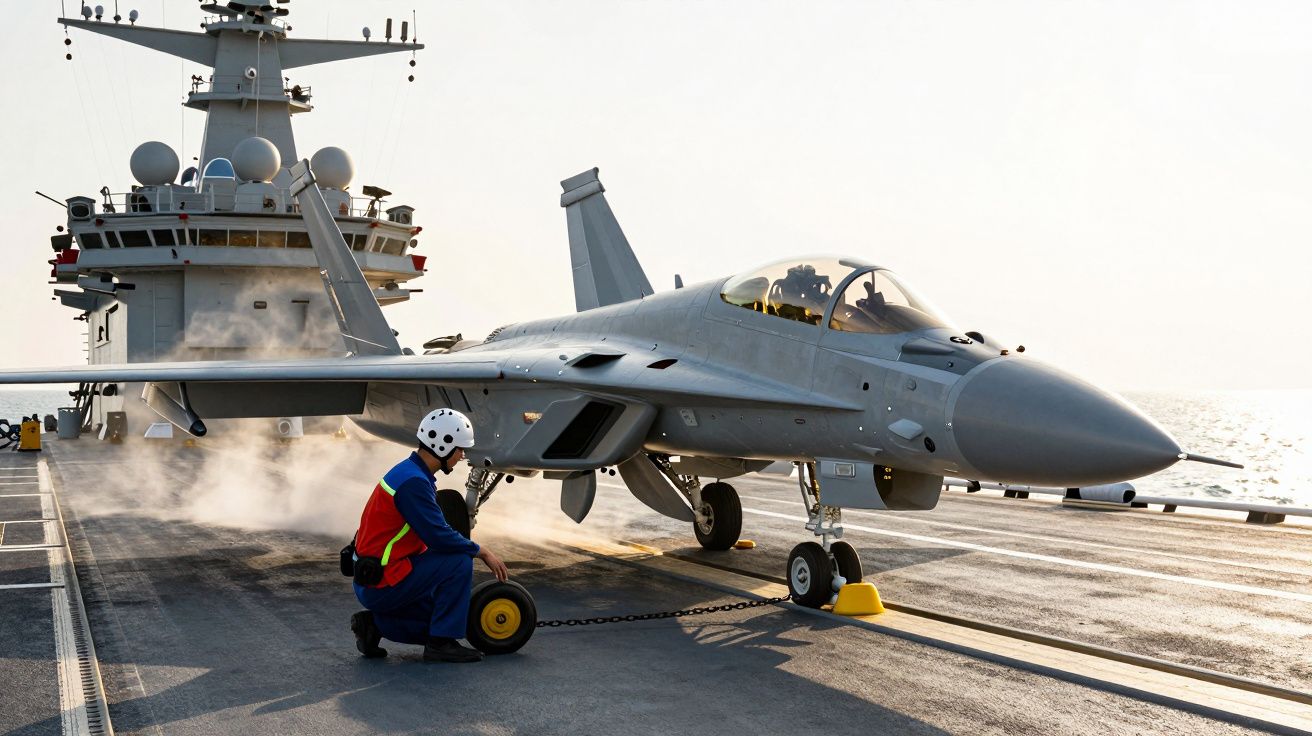 Samolot myśliwski na pokładzie lotniskowca, osoba w hełmie przygotowuje go do startu.