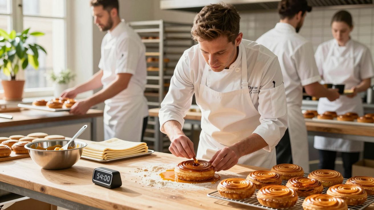 Piekarze w białych fartuchach przygotowują ciasta w jasnej kuchni, dekorując okrągłe wypieki na drewnianym blacie.