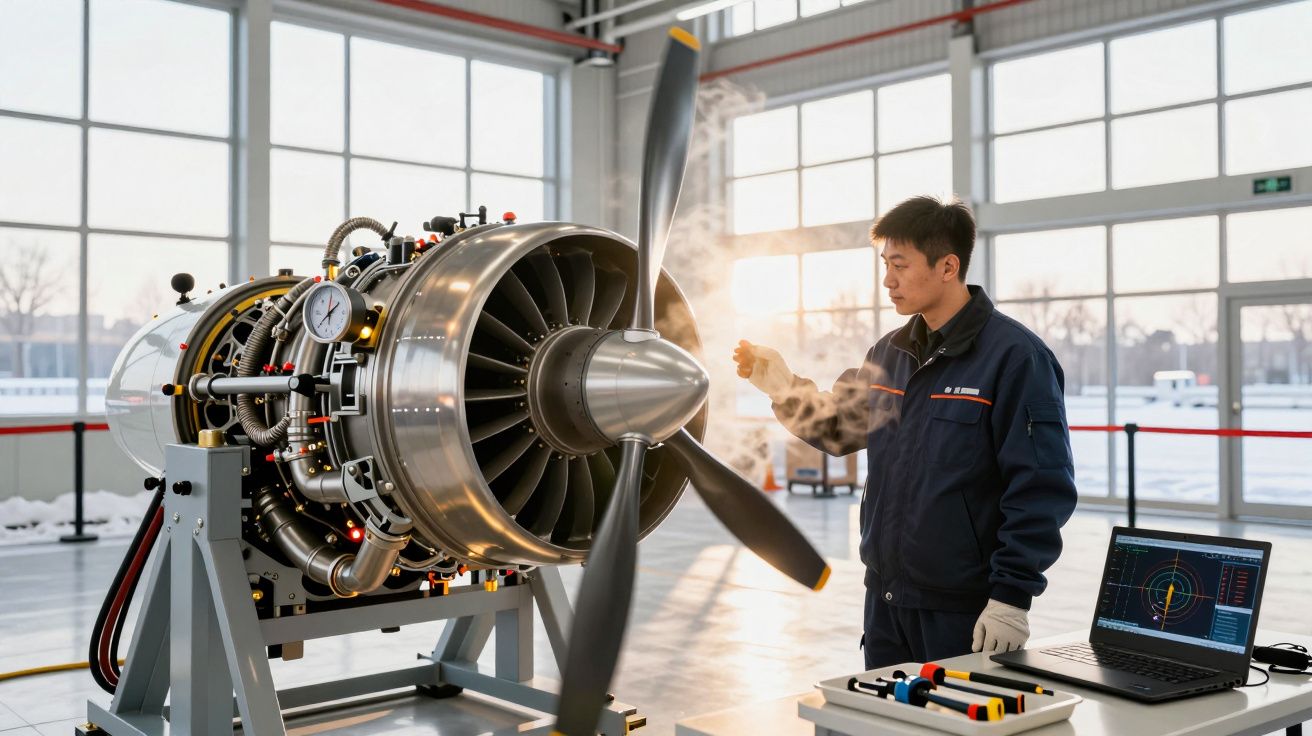 Mężczyzna w kombinezonie serwisuje silnik odrzutowy w hali przemysłowej, obok laptop z wykresami.