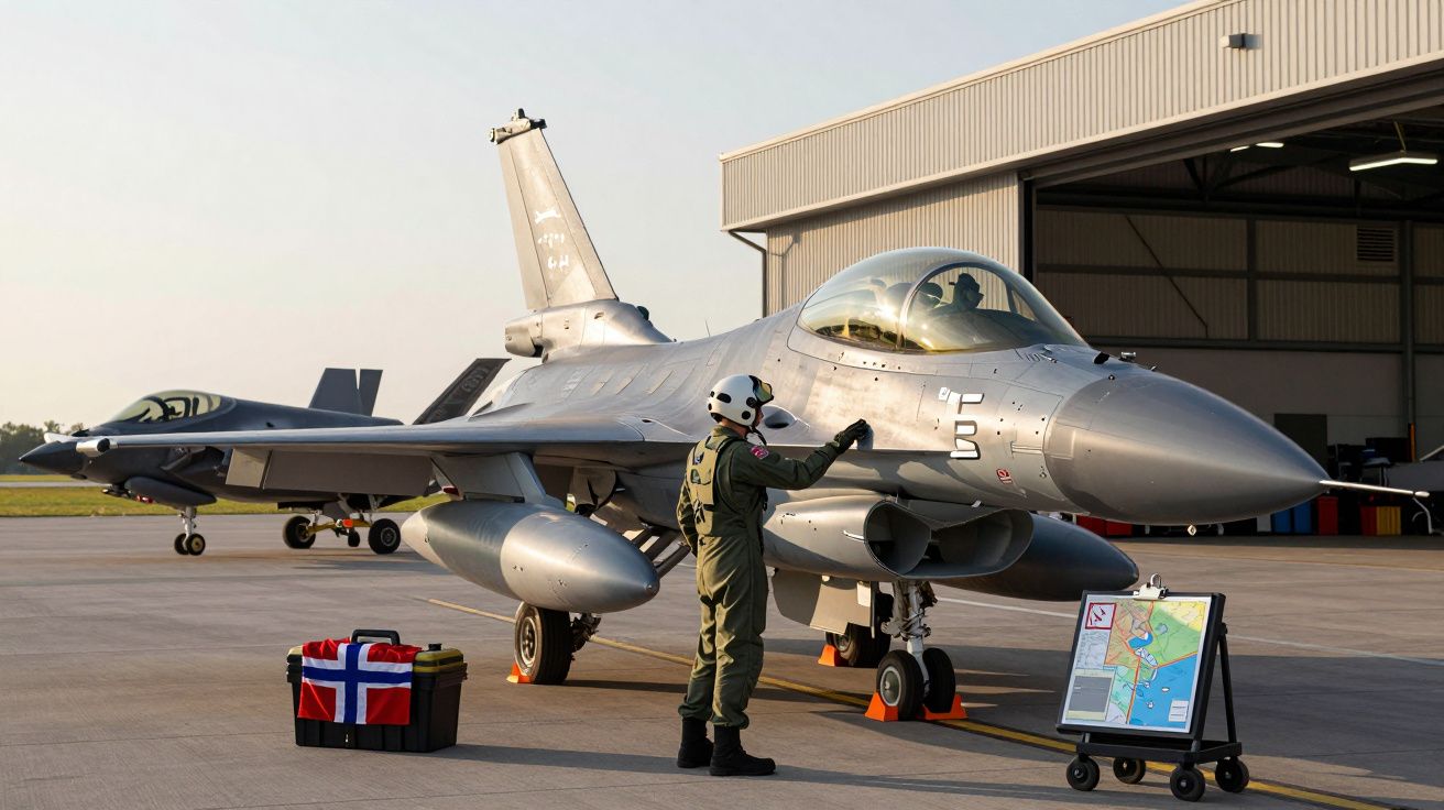 Samolot myśliwski F-16 zaparkowany na lotnisku, pilot w mundurze wojskowym stoi obok.