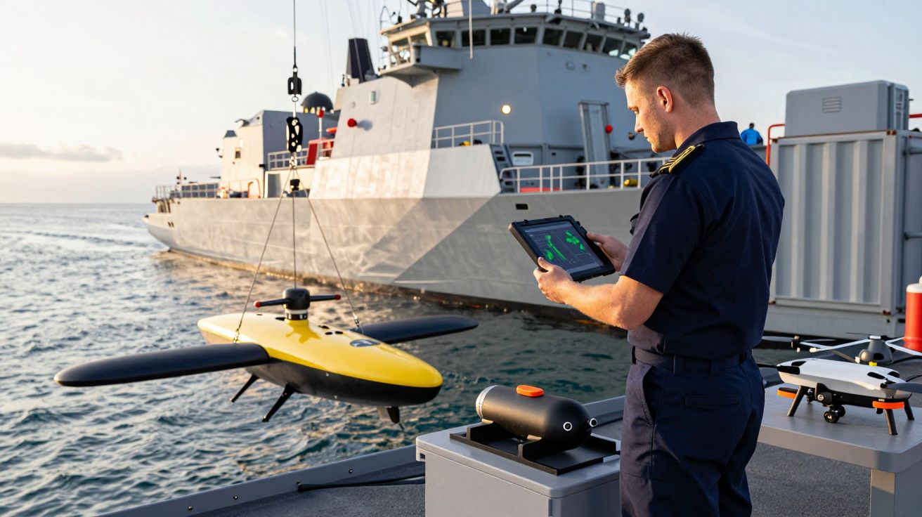 Oficer na statku wojskowym obsługuje drona morskiego za pomocą tabletu na tle morza.