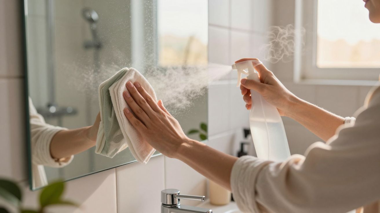 Osoba spryskująca lustro w łazience płynem czyszczącym i wycierająca je ściereczką.