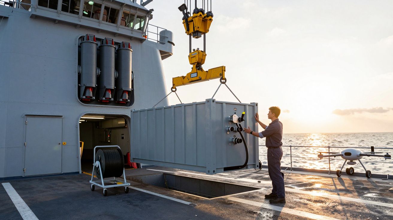 Osoba obsługująca żuraw podnoszący kontener na pokładzie statku, zachód słońca w tle.