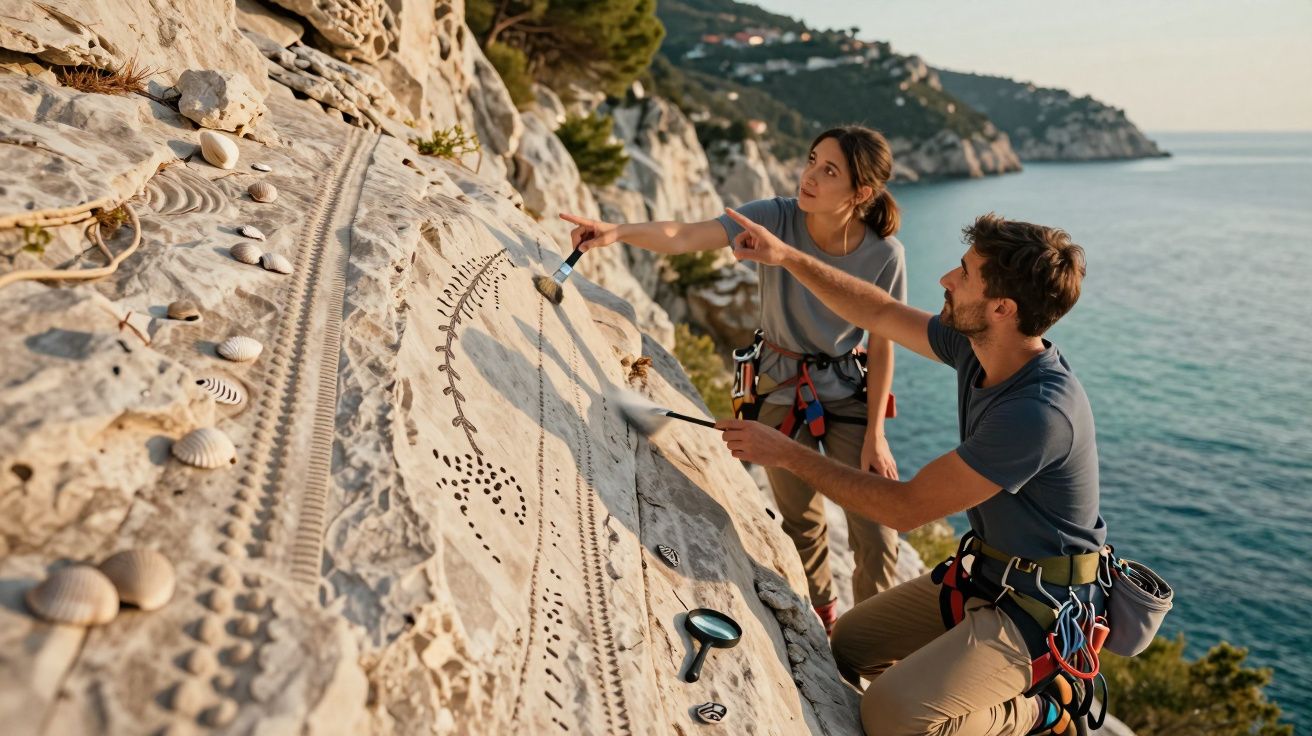 Para badaczy na zboczu klifu bada wytłoczone wzory muszli i kamieni z widokiem na morze.