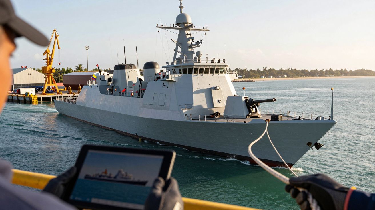 Mężczyzna na pokładzie kontrolującym tablet, patrzy na fregatę wojenną wpływającą do portu przy słonecznej pogodzie.