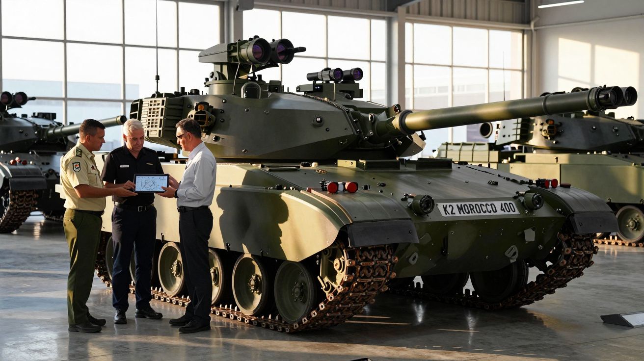 Trzech mężczyzn stoi przy czołgu K2 w hangarze, jeden trzyma certyfikat.