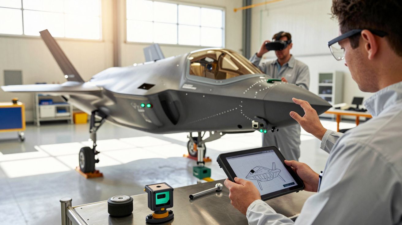 Inżynierowie pracują nad samolotem wojskowym w hangarze, używając tabletu i zestawu VR do wirtualnej analizy.