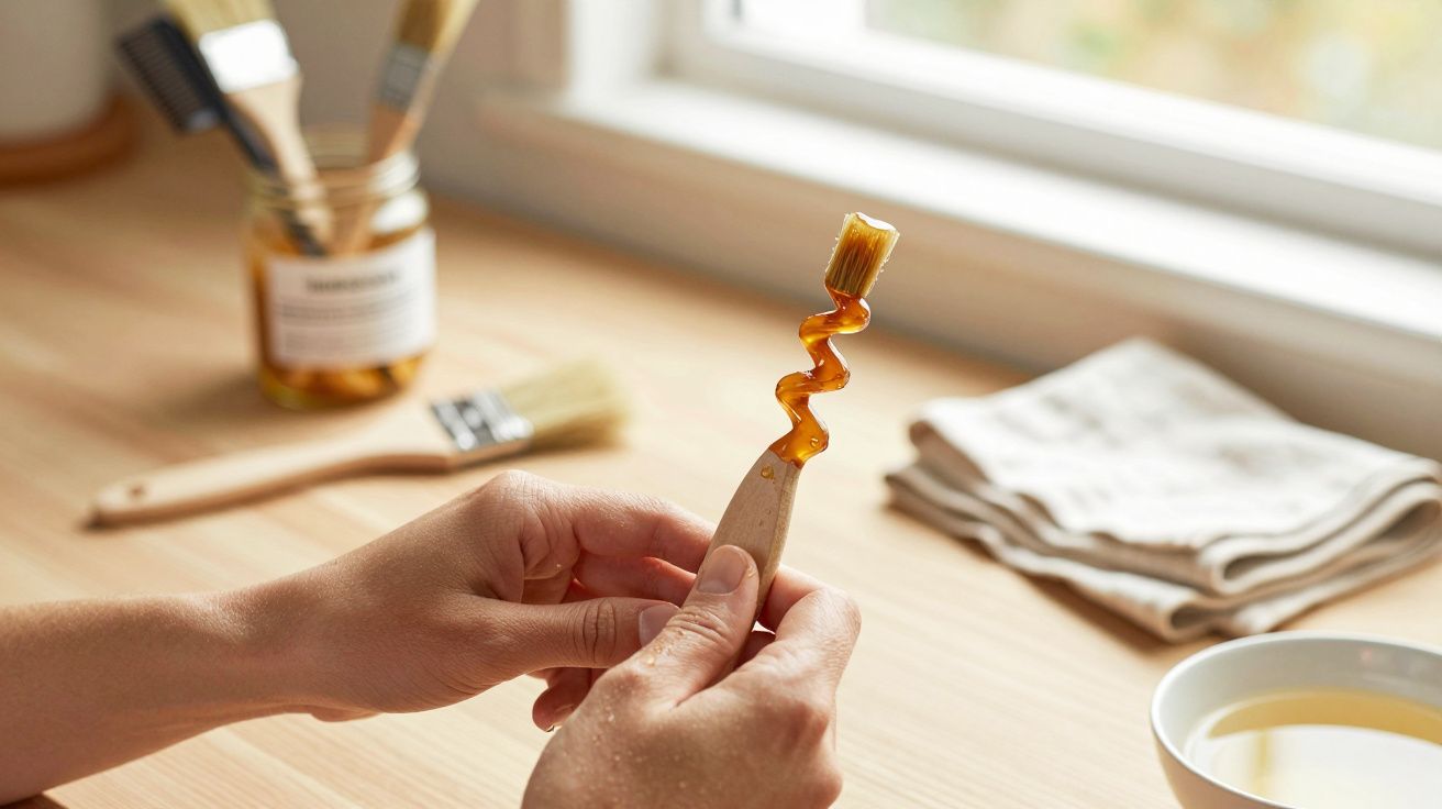Osoba trzymająca pędzel pokryty miodem, w tle słoik i ściereczki na drewnianym stole przy oknie.