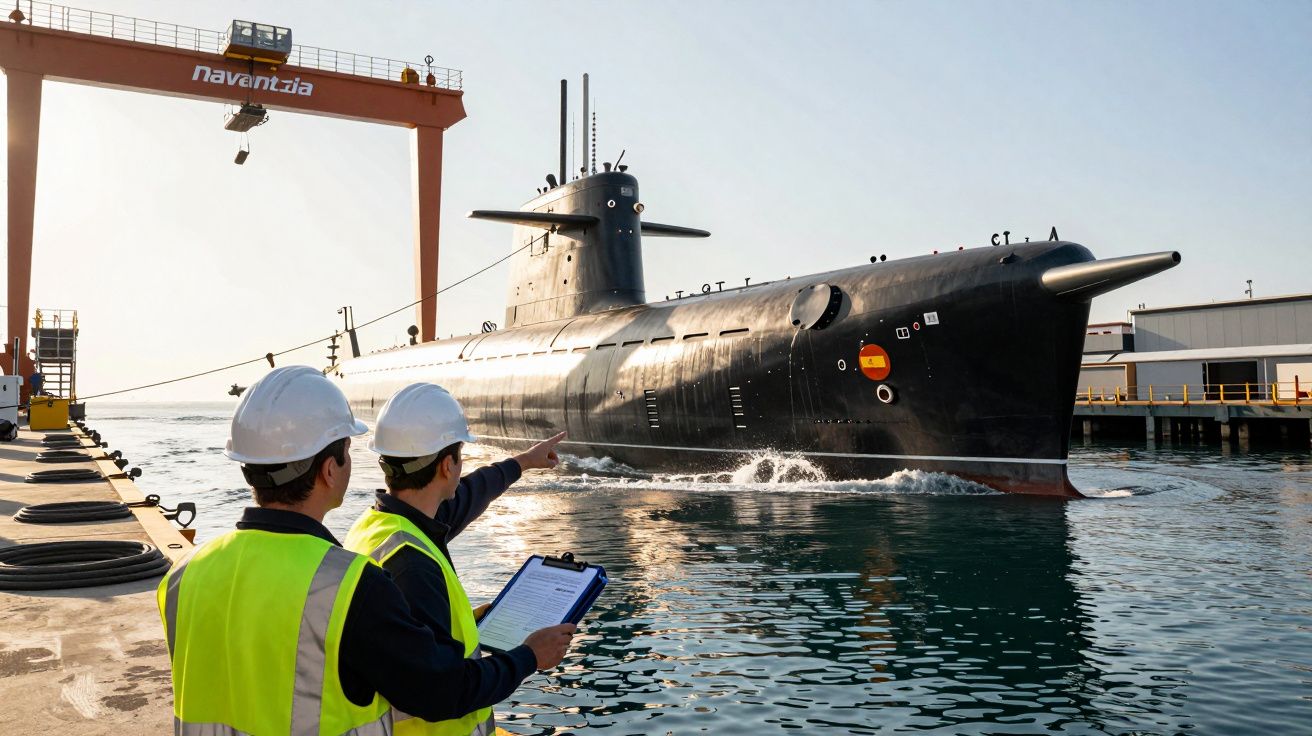 Dwie osoby w kaskach i kamizelkach odblaskowych obserwują czarną łódź podwodną przy nadbrzeżu.