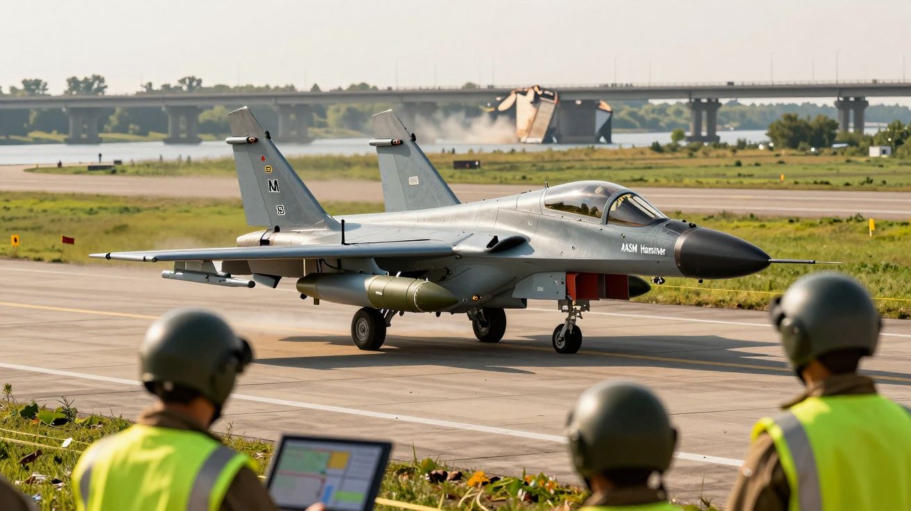 Myśliwiec na pasie startowym, w tle most. Trzech żołnierzy z kaskami i kamizelkami obserwuje samolot.