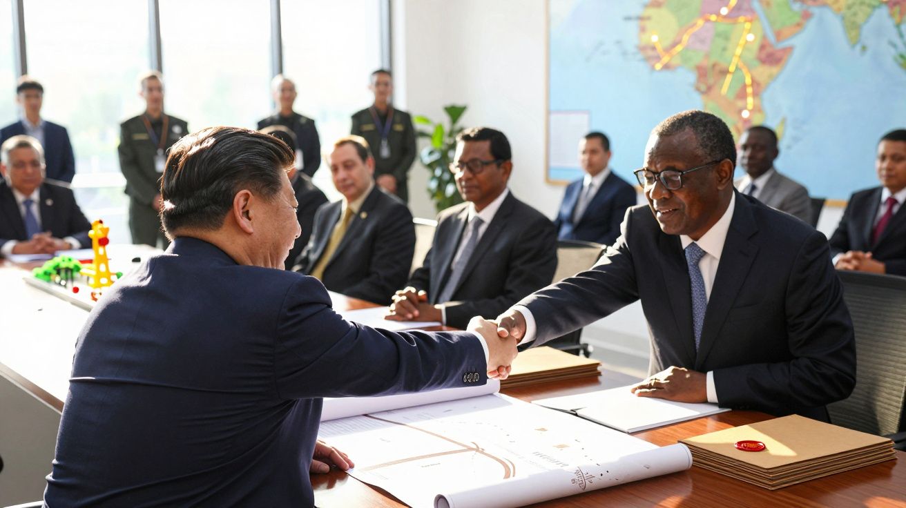 Dwóch mężczyzn w garniturach ściska dłonie przy stole w sali konferencyjnej, w tle mapa i ludzie siedzący.