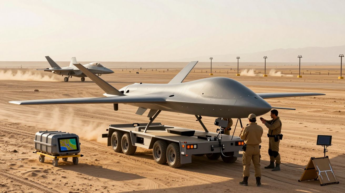 Bezzałogowy dron na przyczepie na pustyni; w tle dwa inne drony i dwie osoby.