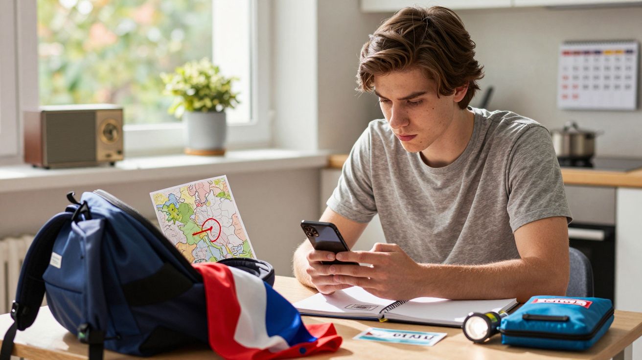 Młody mężczyzna siedzi przy biurku, używa smartfona, obok niego plecak, mapa i notatki.