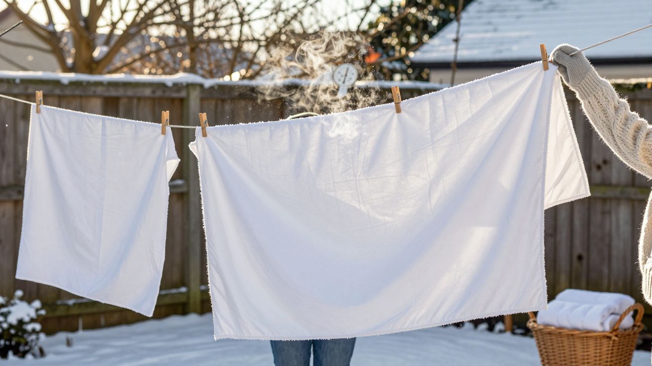Białe pranie wisi na sznurze na zewnątrz przy zimowej pogodzie. Osoba trzyma sznur, w tle śnieg.