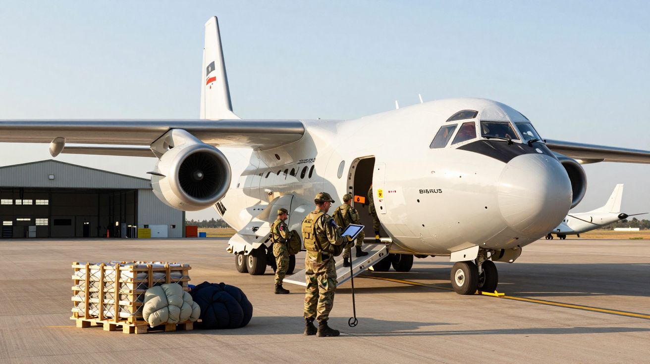 Samolot transportowy na lotnisku, żołnierze ładują sprzęt wojskowy, jasne niebo.