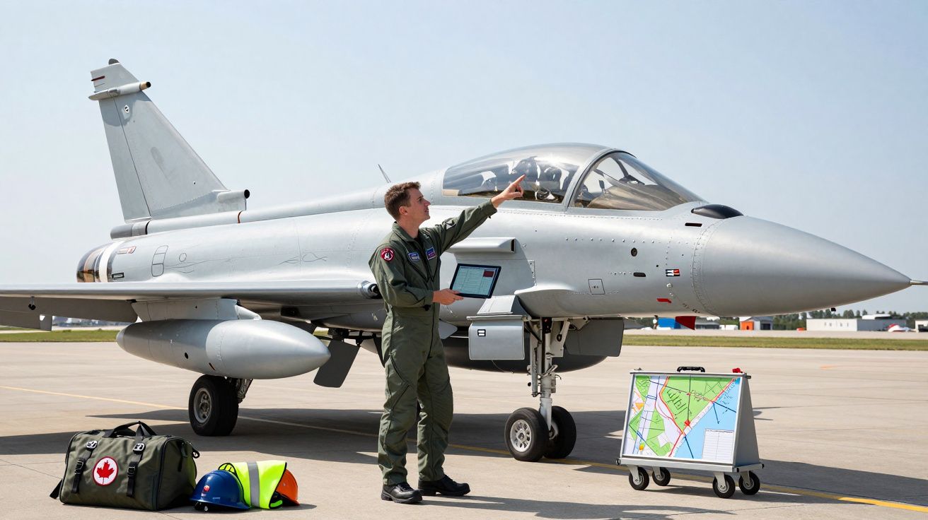 Pilot przy myśliwcu na lotnisku, wskazuje na niego. Obok torba medyczna, hełm, mapa.