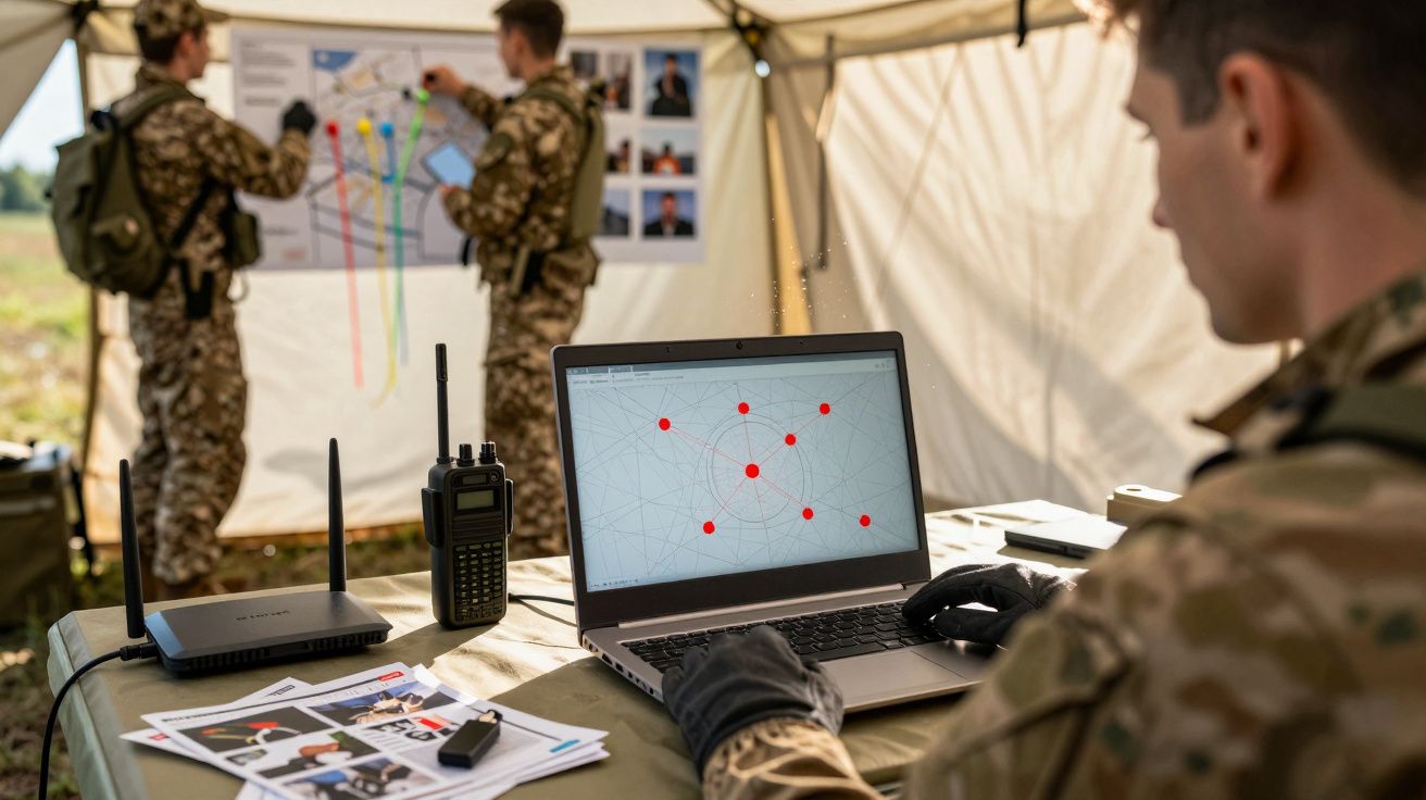 Żołnierz przy laptopie z wykresem, w tle dwaj inni omawiają mapę w namiocie.