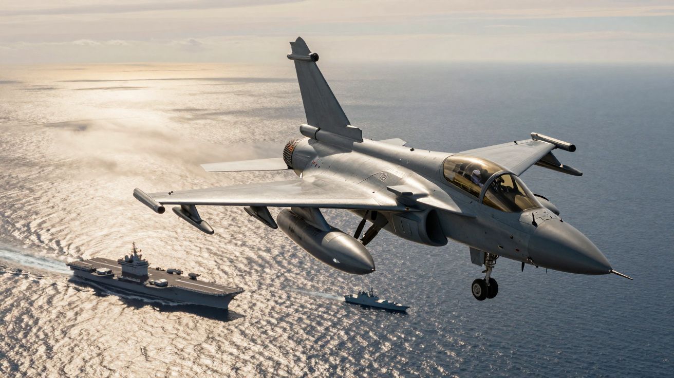 Myśliwiec nad oceanem z lotniskowcem i okrętem.