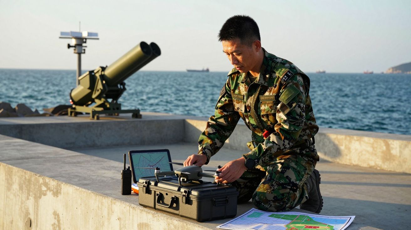 Żołnierz w kamuflażu obsługujący drona przy morzu, obok mapa i sprzęt wojskowy.