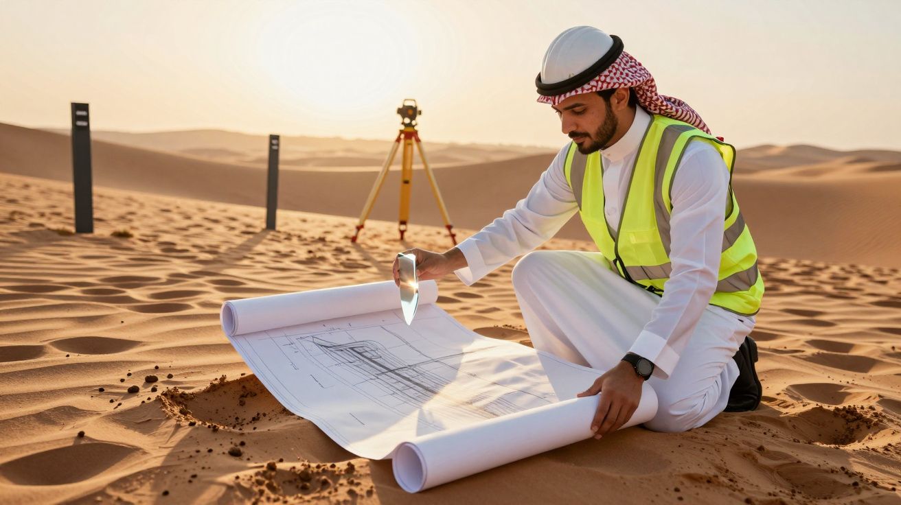 Inżynier w kamizelce odblaskowej analizuje plany terenu na pustyni, w tle sprzęt geodezyjny.