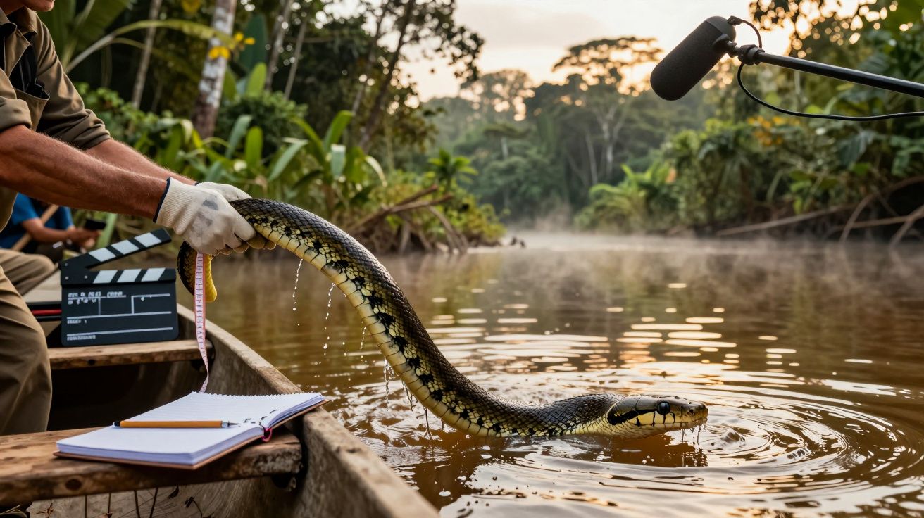 Mężczyzna w łodzi trzyma anakondę w rzece w dżungli, obok klaps filmowy i notes.