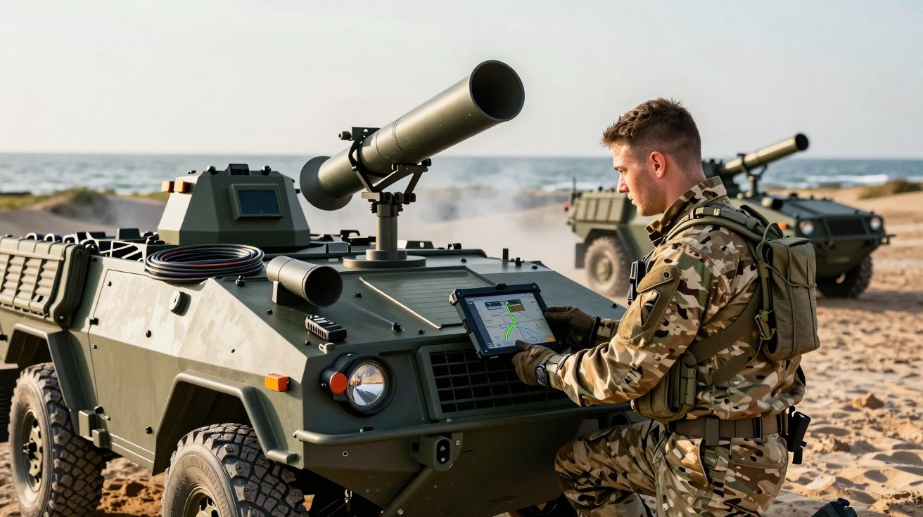 żołnierz obsługujący tablet obok pojazdu wojskowego z wyrzutnią na plaży