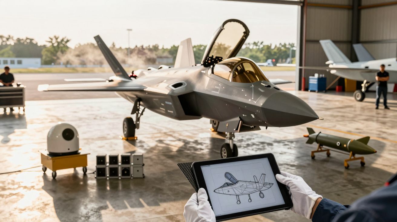 Osoba trzymająca tablet z rysunkiem samolotu wojskowego w hangarze z odrzutowcem w tle.