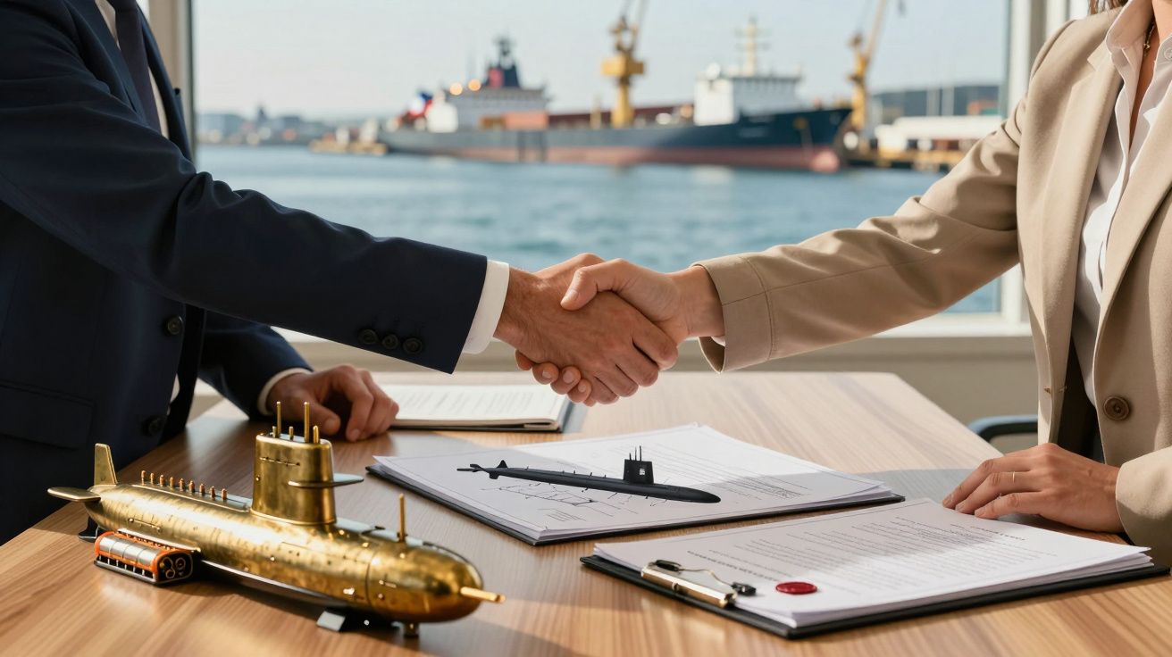 Dwaj ludzie w garniturach podają sobie ręce nad stołem z modelami okrętów podwodnych, na tle portu i statków.