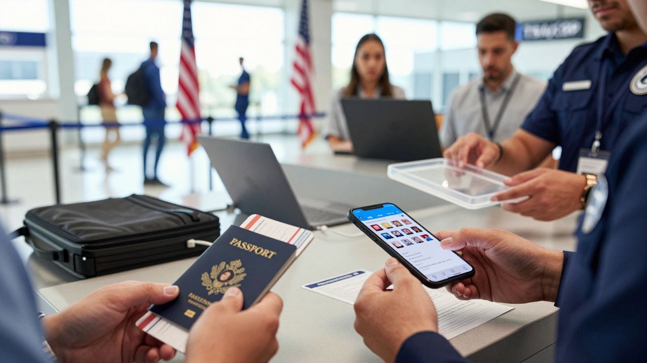 Osoby przy kontroli paszportowej na lotnisku, trzymające paszport i telefon, z flagami USA w tle.