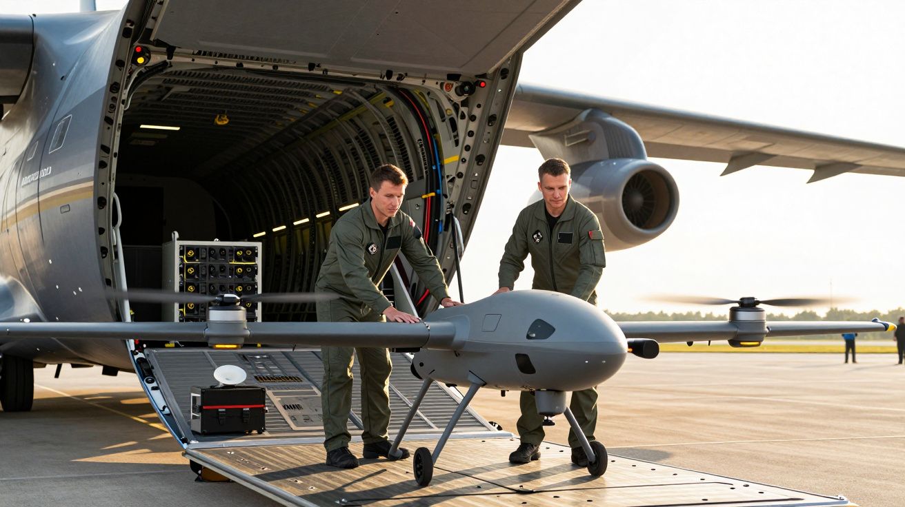 Dwóch mężczyzn wprowadzających dron do wnętrza dużego transportowego samolotu wojskowego na lotnisku.