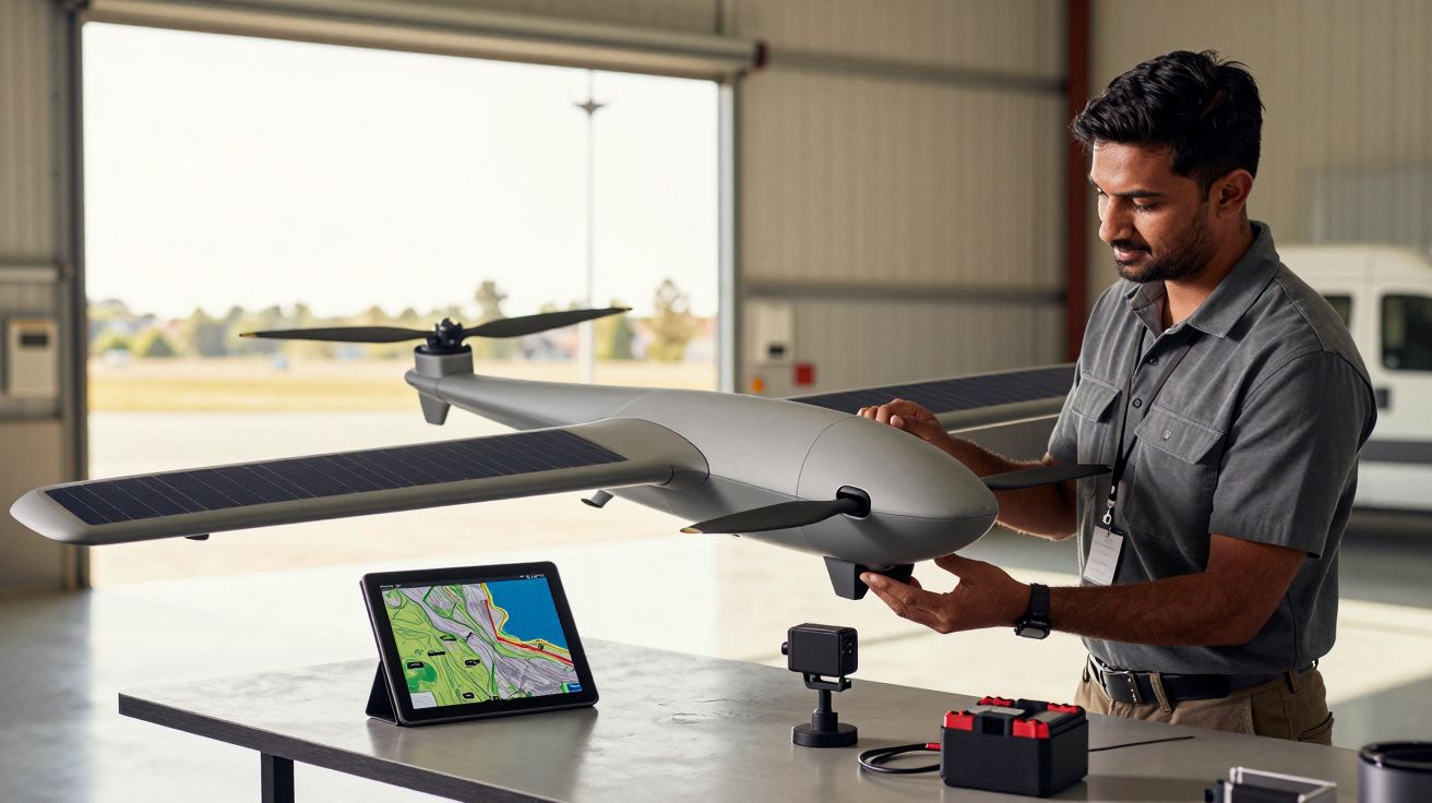 Mężczyzna pracuje z dronem w hangarze, obok tablet z mapą na stole.