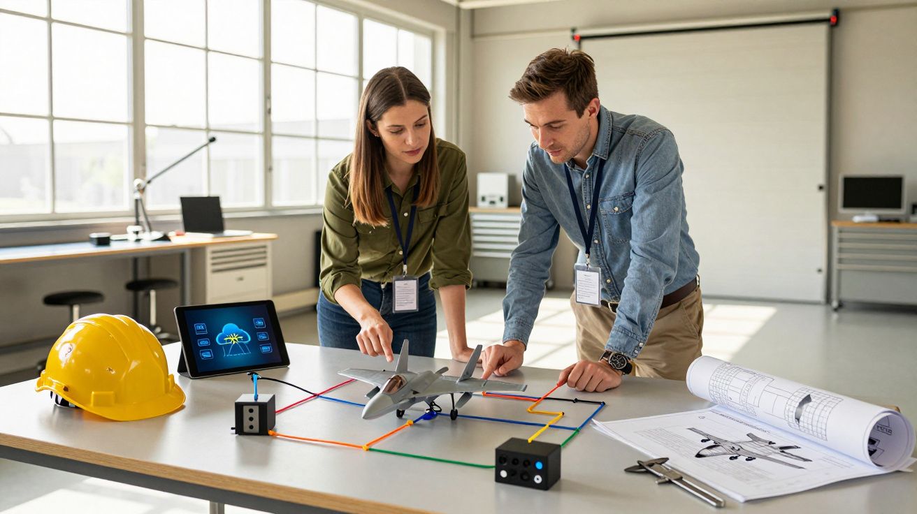 Dwoje inżynierów analizuje model samolotu na stole w biurze, otoczeni dokumentacją techniczną i komputerami.