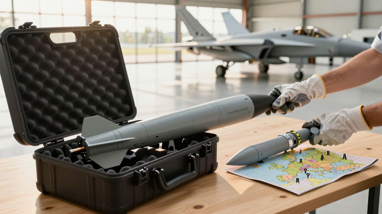 Osoba trzyma makietę rakiety nad mapą, w tle myśliwiec.